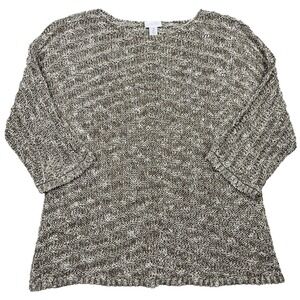 Chicos‎ 2 Tan Cream White Metallic Open Knit 3/4 Sleeve Boat Neck Sweater Top